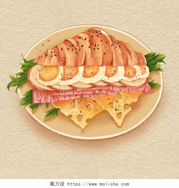 手绘立体早餐三明治甜品奶油插画素材png